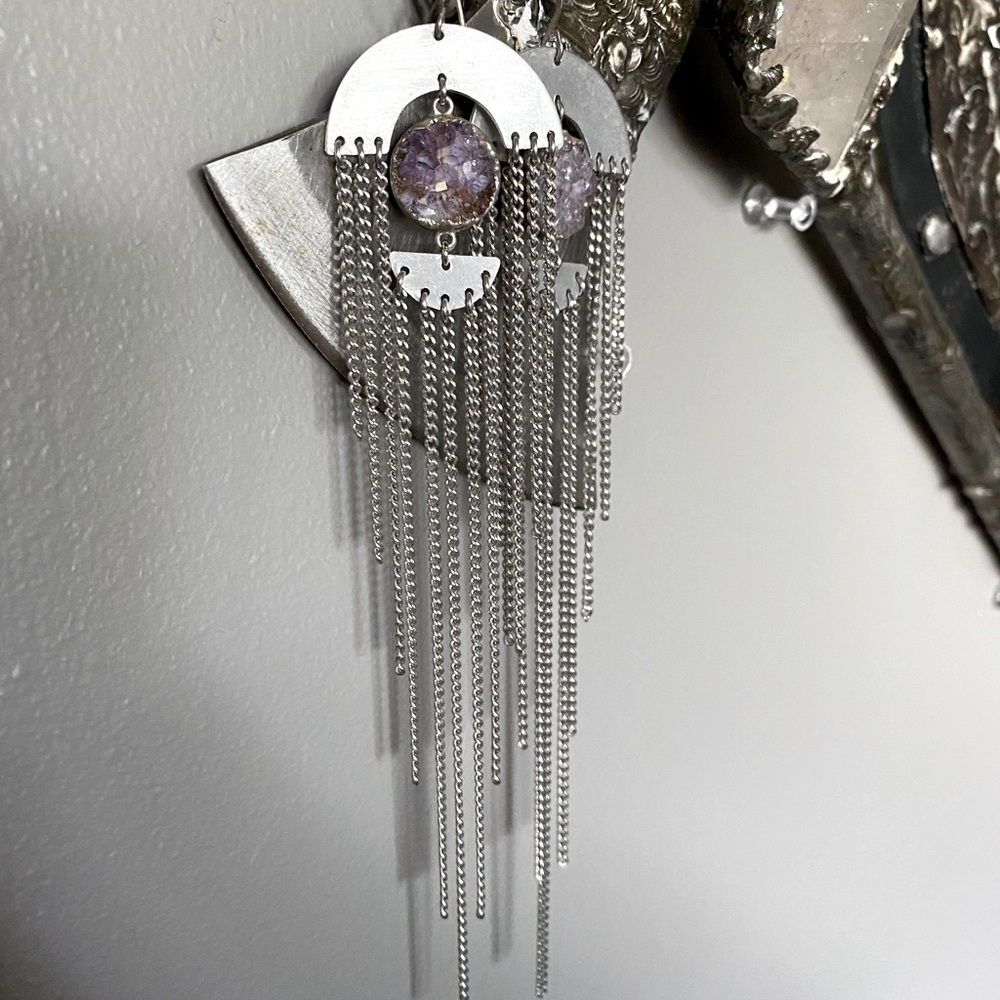 Aurora Shadow Silver and Amethyst Druzy shoulder duster earrings